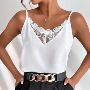 Deep v neck cami tank top lace backless white